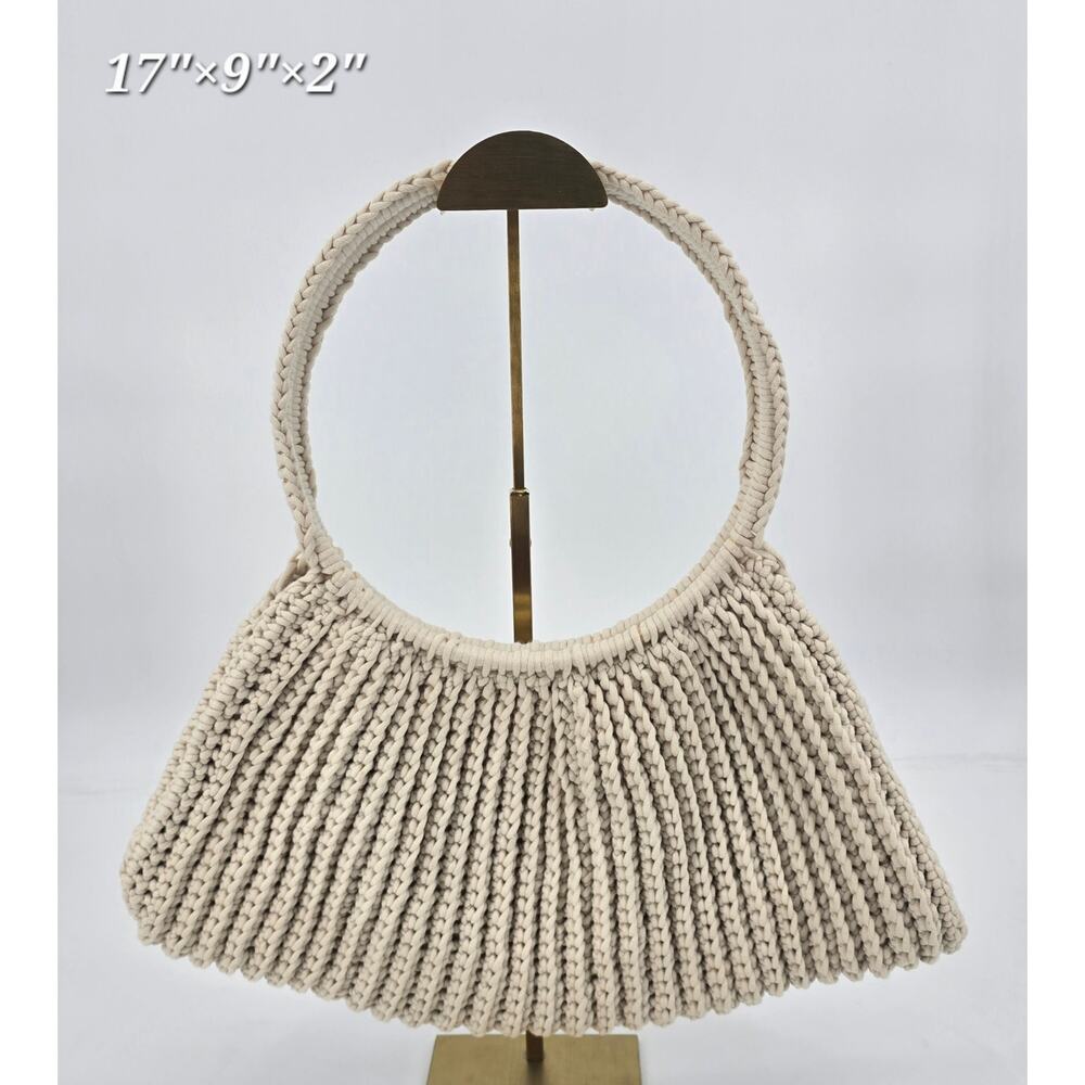Handmade Boho Neutral Macramé Circle Handle Bag – Warm Oyster Cream